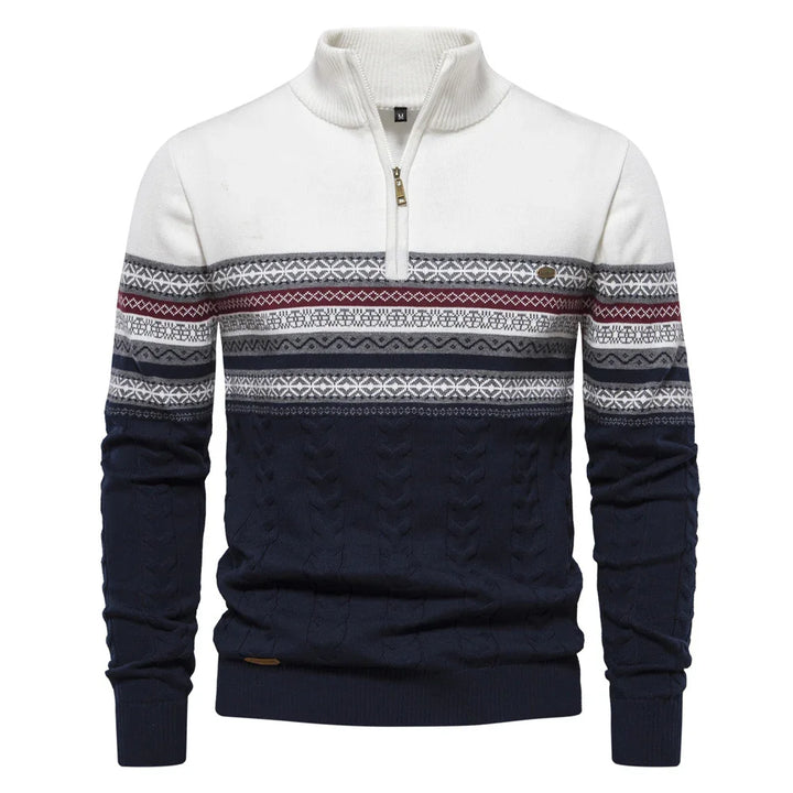 Men's half-zip winter sweater with multicolor patterned stripes in white, red, gray, and navy