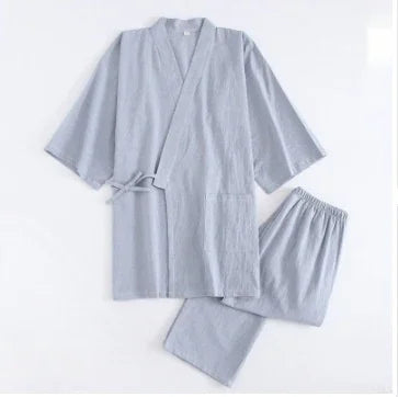 Light blue cotton kimono-style loungewear set with wrap top and elastic waist pants