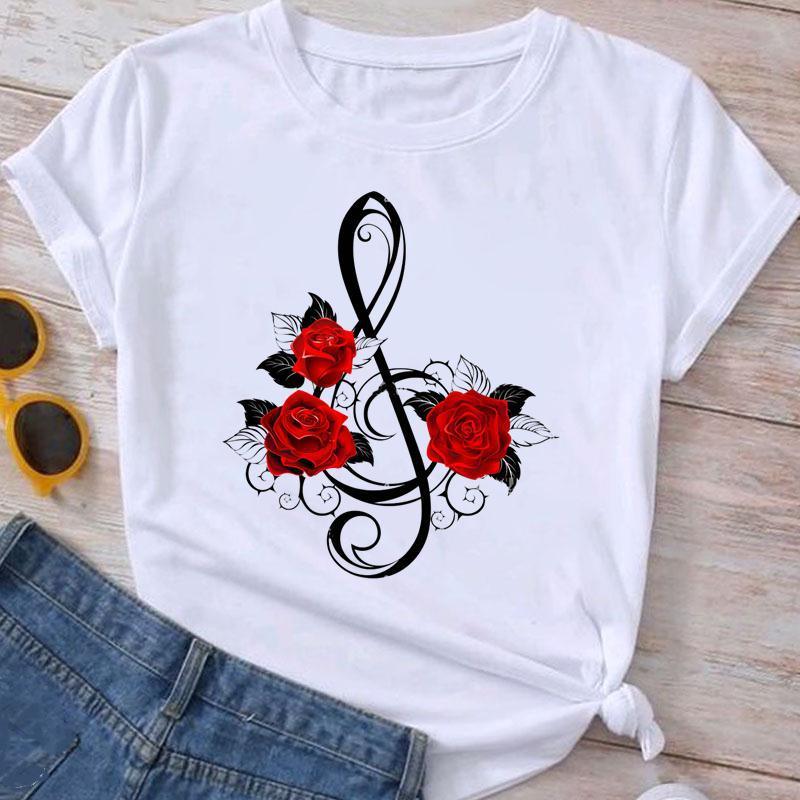 White t-shirt with a black treble clef and three red roses graphic design, paired with denim jeans