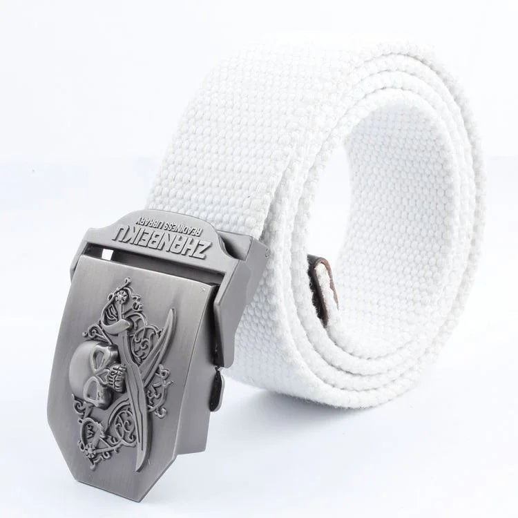 White canvas belt with metal buckle featuring skull and crossed swords design