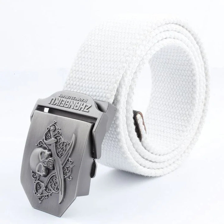 White canvas belt with metal buckle featuring skull and crossed swords design