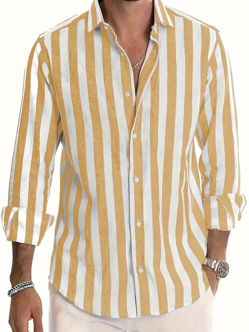 Men's long sleeve button-up shirt with vertical yellow and white stripes, rolled cuffs, and casual fit