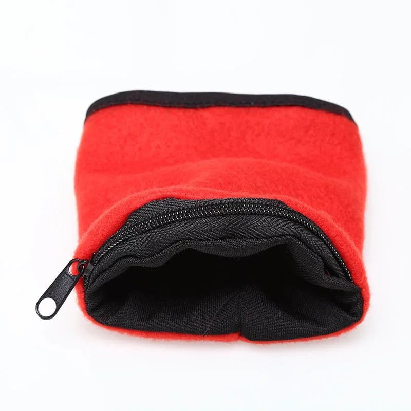 Red fleece pouch with black zipper on white background