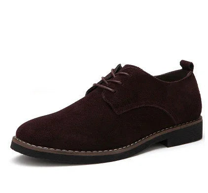 Men's dark brown suede derby shoe with lace-up closure and stitched black sole