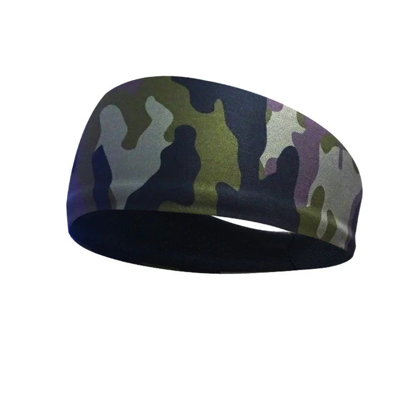Camo patterned fabric headband with green, black, and gray camouflage design