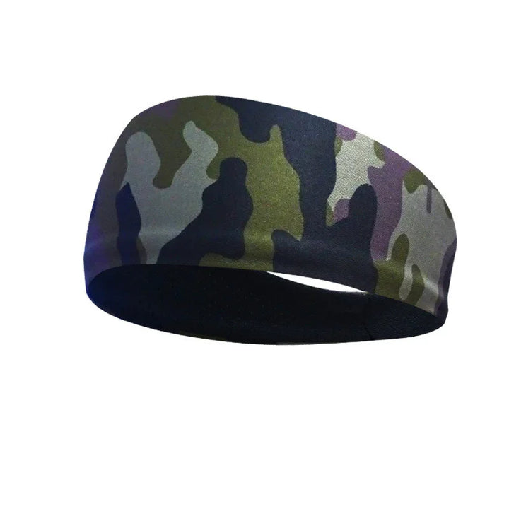 Camo patterned fabric headband with green, black, and gray camouflage design