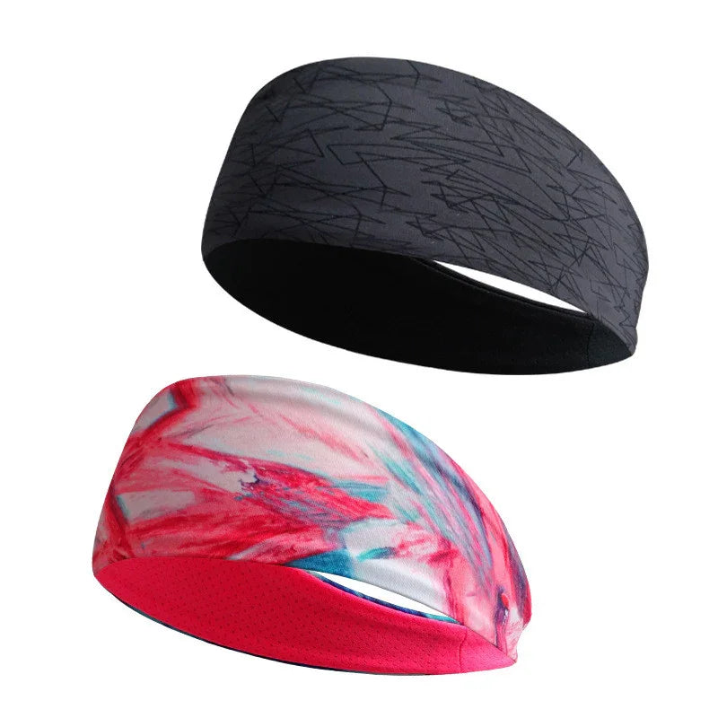 Two stylish headbands, one black with abstract lines and one red with multicolor abstract pattern