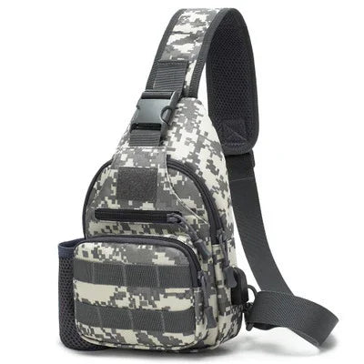 digital camouflage sling bag with multiple zippered pockets and adjustable strap