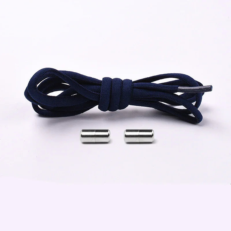 Navy blue shoelace with two silver magnetic aglets on white background