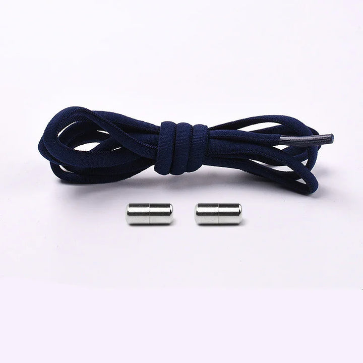 Navy blue shoelace with two silver magnetic aglets on white background