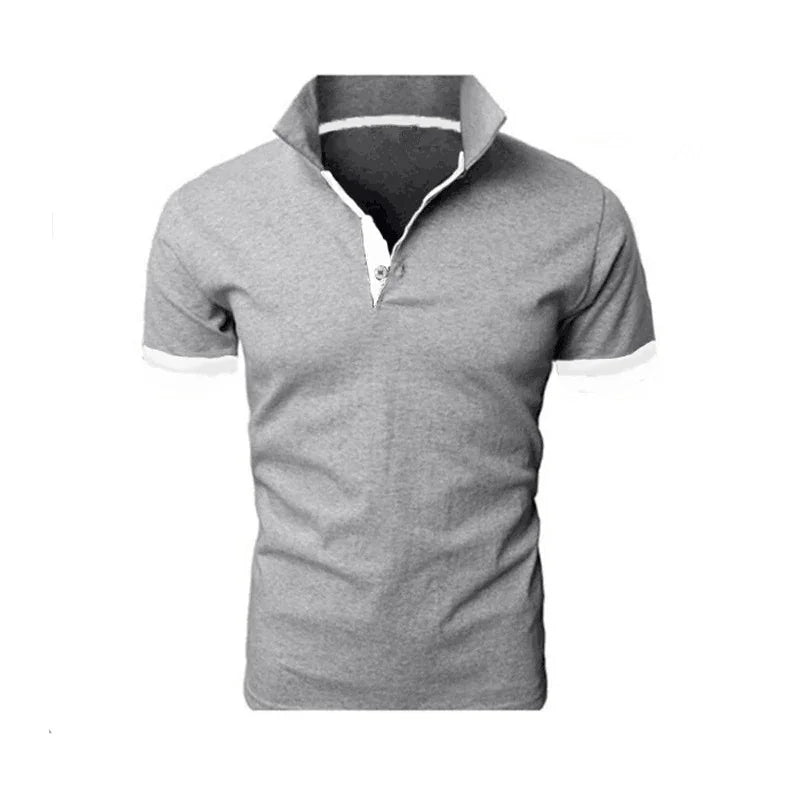 Gray short sleeve polo shirt with white collar and sleeve edges on white background