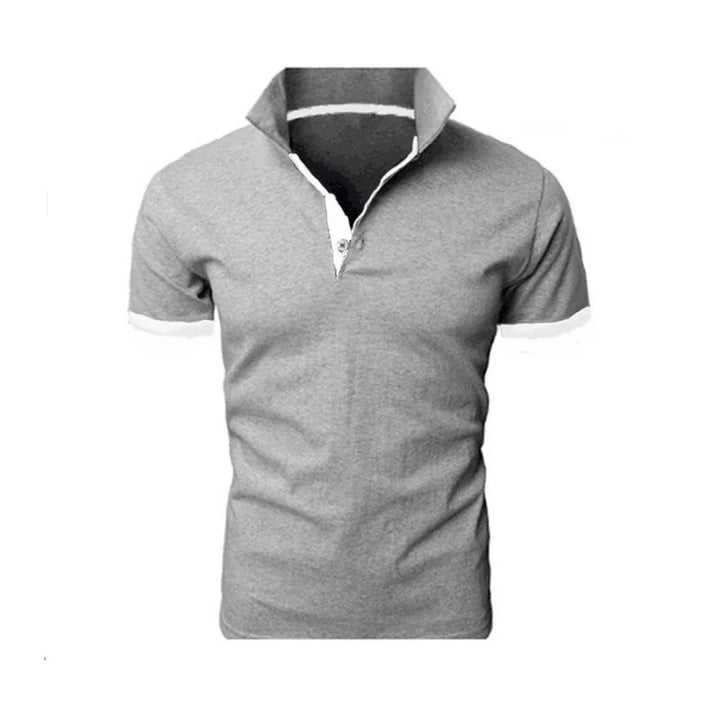 Gray short sleeve polo shirt with white collar and sleeve edges on white background