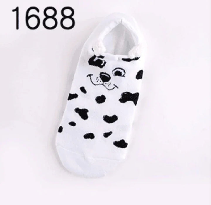 White ankle sock with black Dalmatian dog face and spots design, cozy and cute