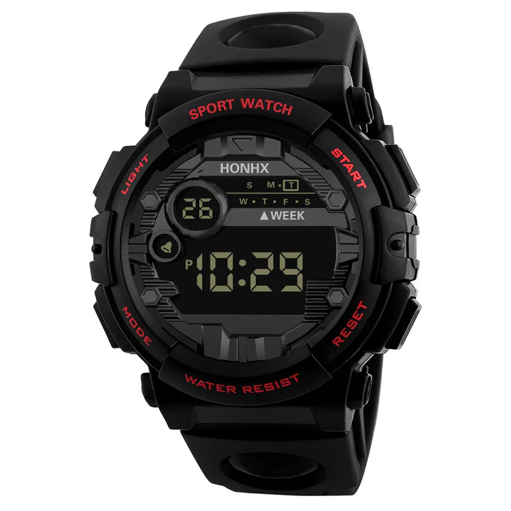 Black digital sport watch with red buttons, water resistant design, and day-week display