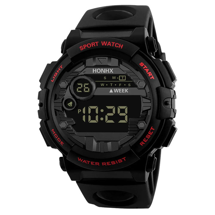 Black digital sport watch with red buttons, water resistant design, and day-week display