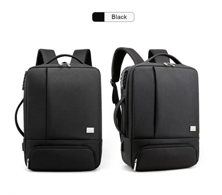 Black modern rectangular backpack with front zipper pocket and top handle, shown front and side views