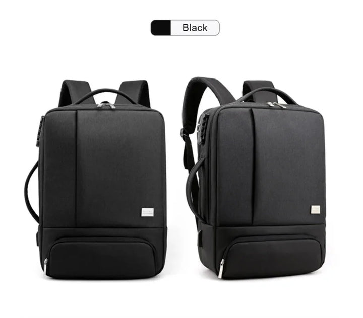 Black modern rectangular backpack with front zipper pocket and top handle, shown front and side views