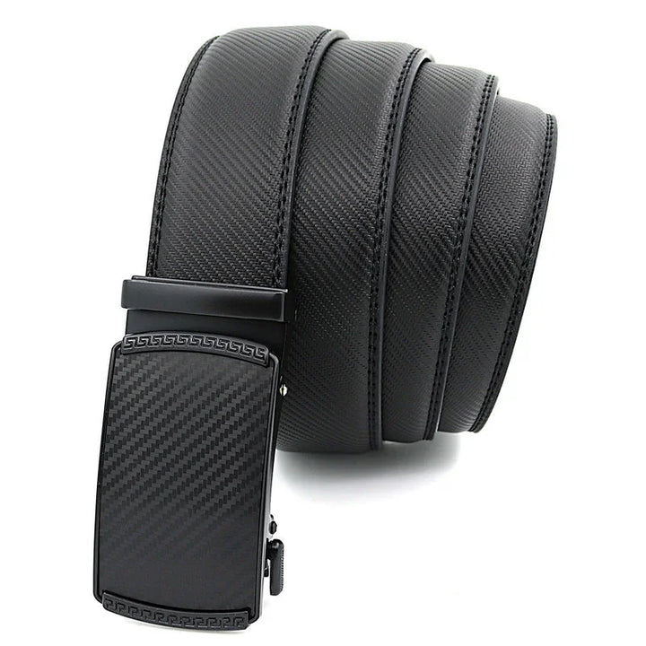 Black textured leather belt with sleek black carbon fiber buckle and Greek key border design