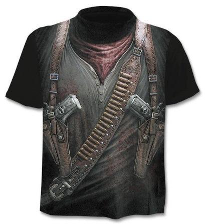 Black T-shirt with 3D print of vintage leather gun holsters, bullet belt, and red scarf on chest