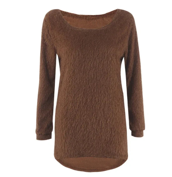 Brown long sleeve textured knit sweater with scoop neckline and rounded hem