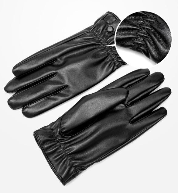 Pair of black leather gloves with elasticized wrist and button detail, shown with close-up inset