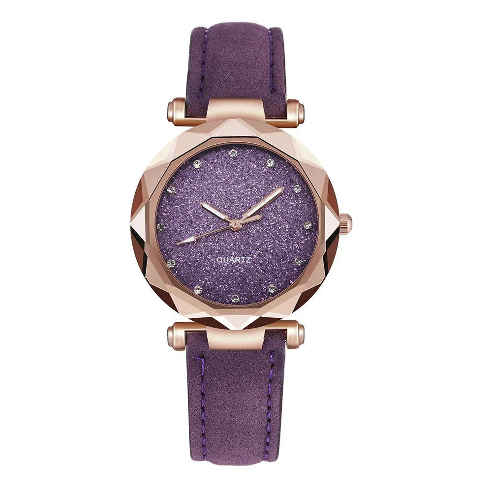 Purple glitter dial quartz watch with rose gold faceted bezel and purple suede strap