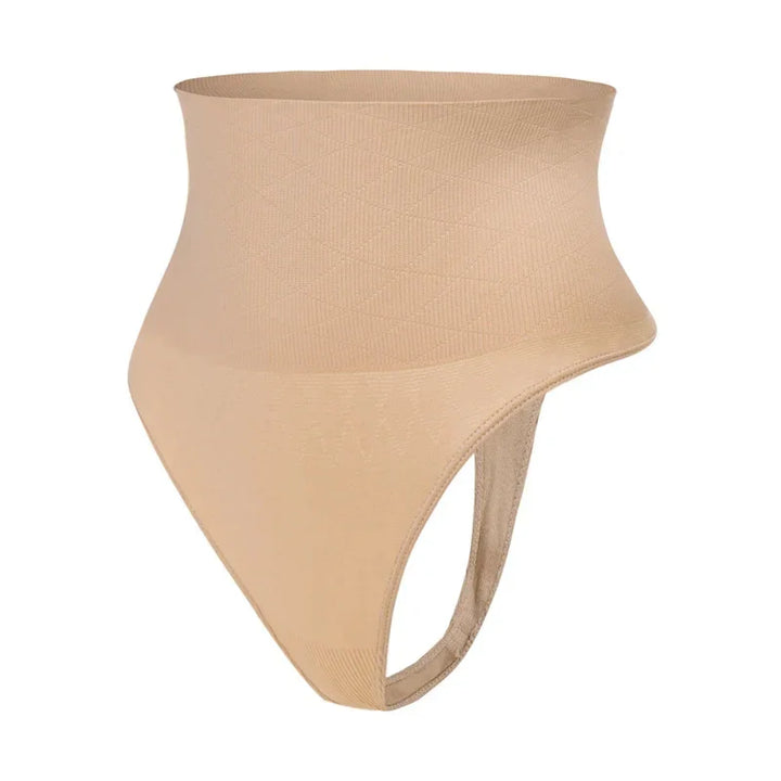 Beige high-waisted shapewear panty with seamless, stretchy fabric on white background