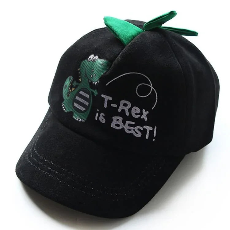 Black kids baseball cap with green dinosaur design and text T-Rex is Best, featuring fabric spikes