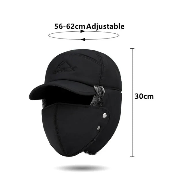 Black adjustable winter hat with ear flaps and detachable face mask measuring 56-62cm adjustable and 30cm height