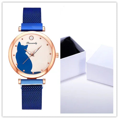 Rimandy women's watch with blue cat design on white dial and blue mesh strap, with white gift box
