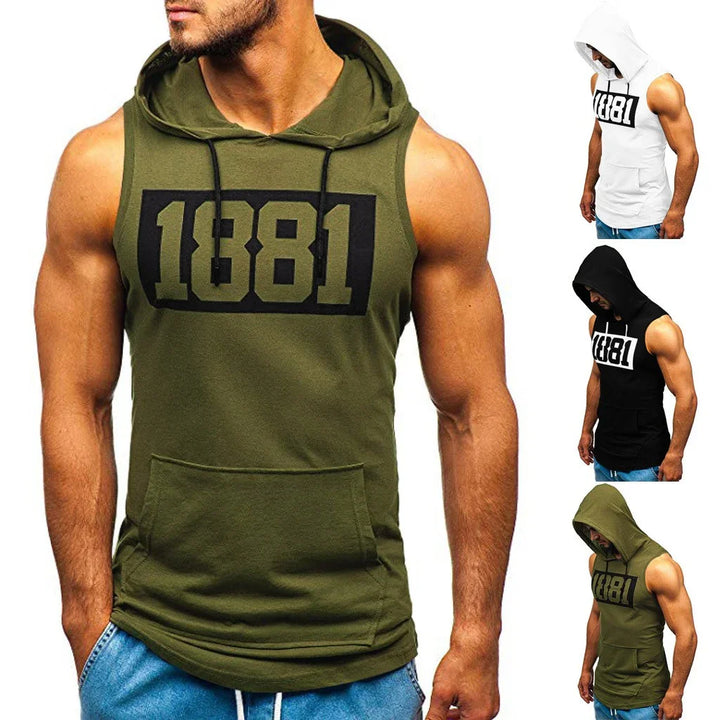 Men's sleeveless hooded tank tops in white, black, and olive green with 1881 print, casual fitness wear