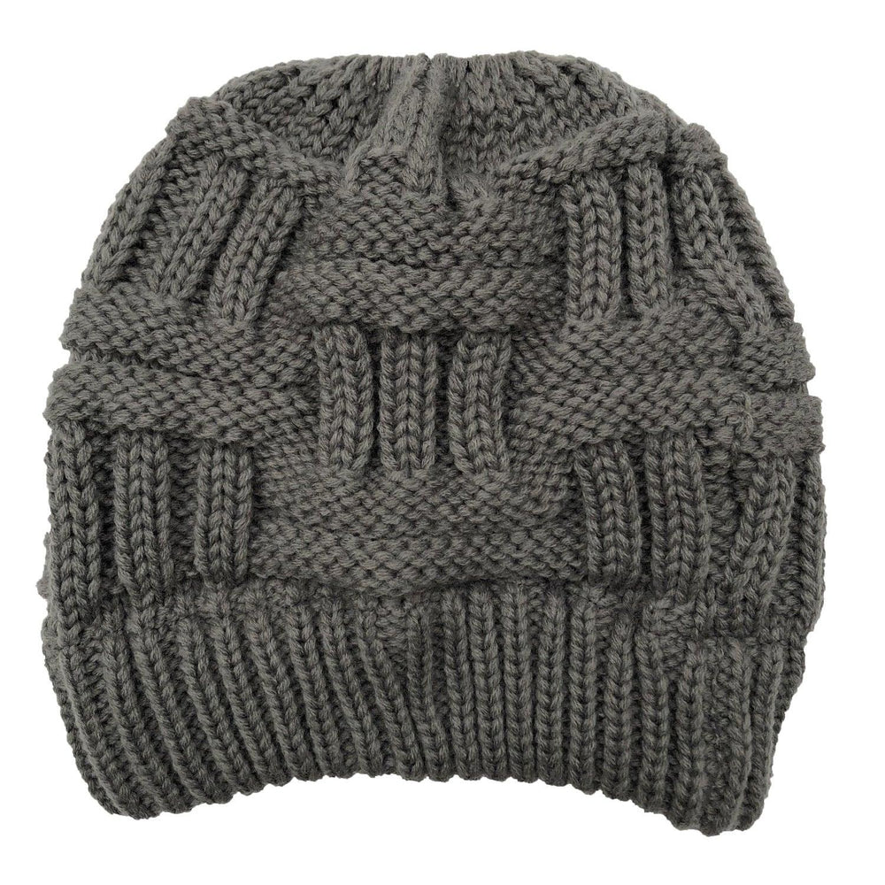 Dark gray chunky knit beanie hat with textured cable pattern and ribbed brim