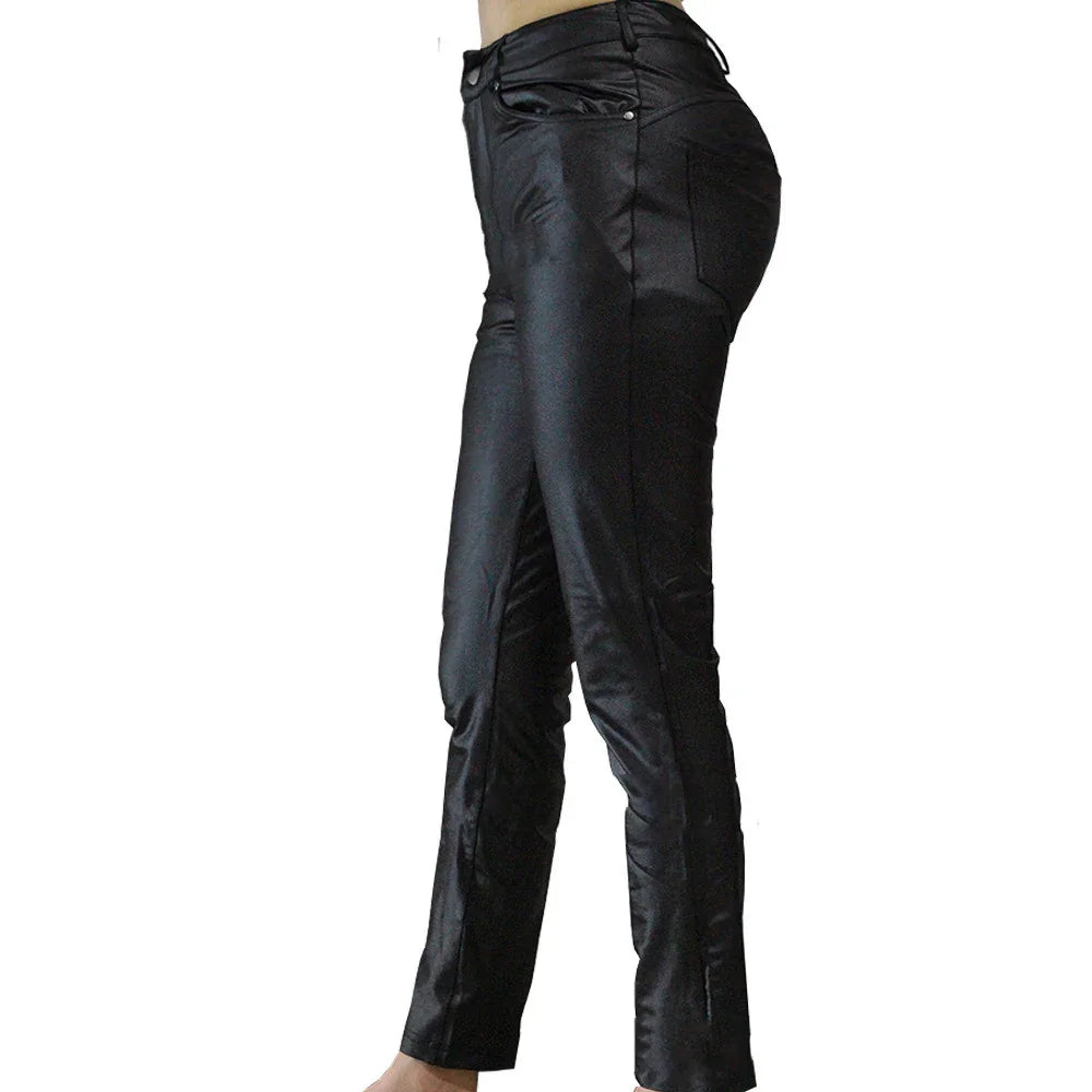Side view of slim fit black satin pants with high waist and front pockets