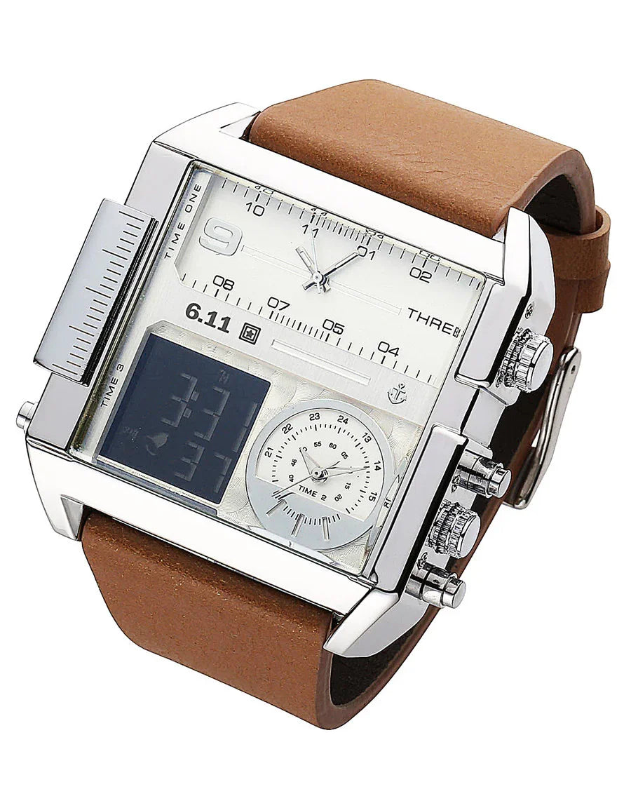 square silver multifunction men's wristwatch with brown leather strap and analog-digital displays