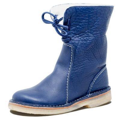 Blue leather ankle boot with white stitching and beige sole, featuring a front lace tie
