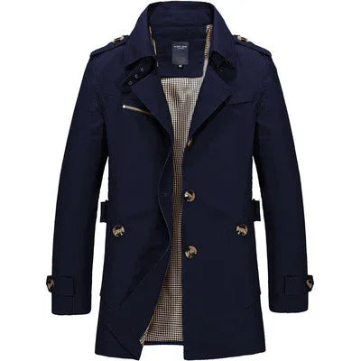 Navy blue men's trench coat with double-breasted buttons and checkered inner lining
