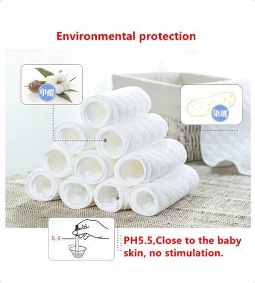 Stack of white rolled cotton pads on woven surface with environmental protection and pH5.5 text