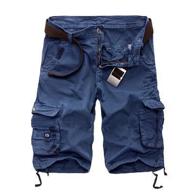 blue cargo shorts for men with multiple pockets and a brown belt