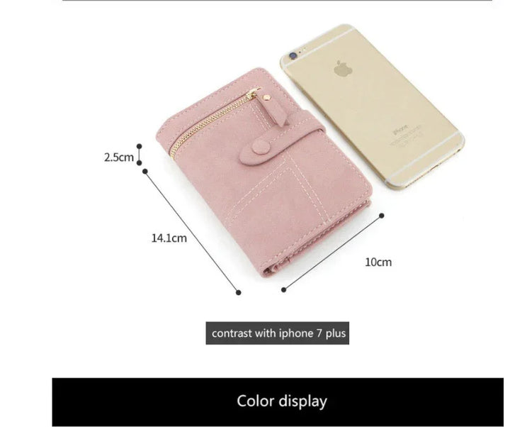 Pink wallet with zipper pocket and snap closure next to gold iPhone 7 Plus showing dimensions