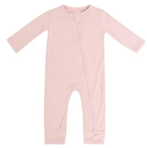 Baby pink long sleeve zipper onesie on white background