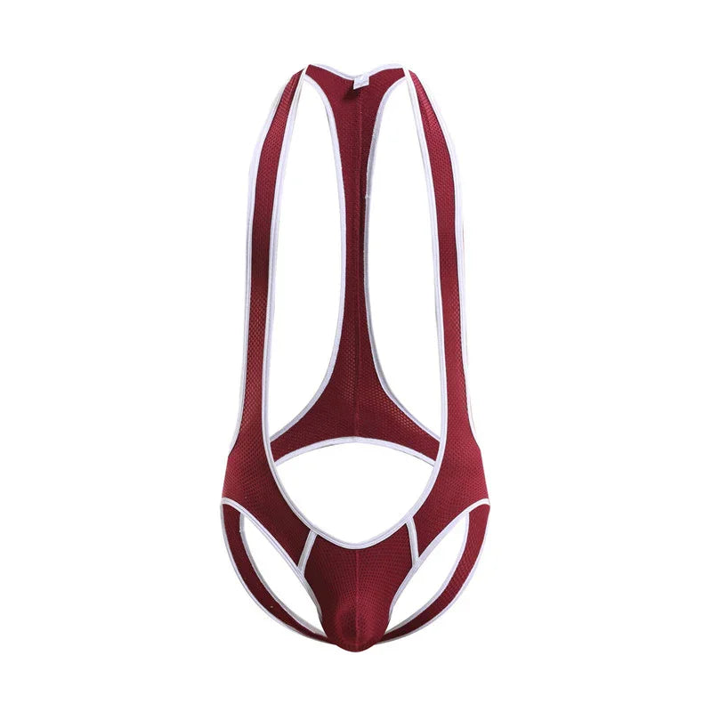 Maroon men's mesh singlet bodysuit with white trim, open back design on white background