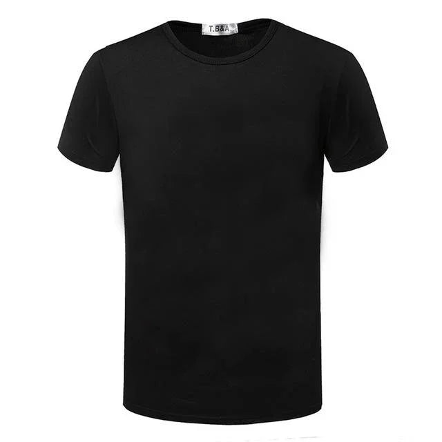 Plain black short-sleeve crew neck t-shirt with T.B&A label on white background
