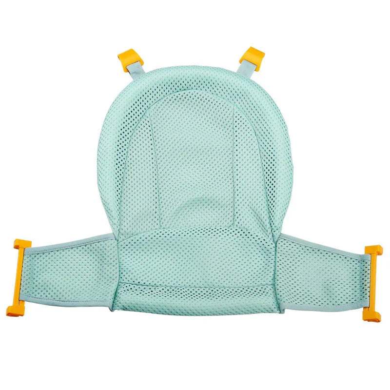Light blue mesh baby bath seat with yellow plastic clips for safe bathing