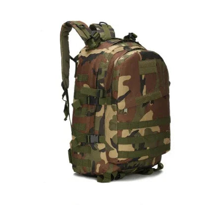 Camouflage tactical backpack with multiple straps and pockets, designed for outdoor and military use