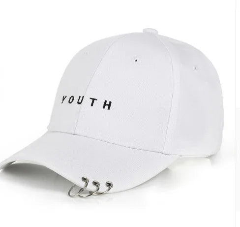 White baseball cap with word 'YOUTH' embroidered and three silver rings on the brim
