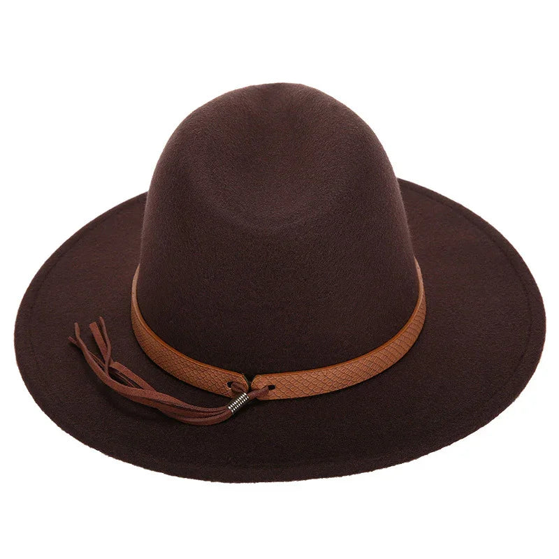 Brown wool fedora hat with wide brim and textured leather band with tassel detail