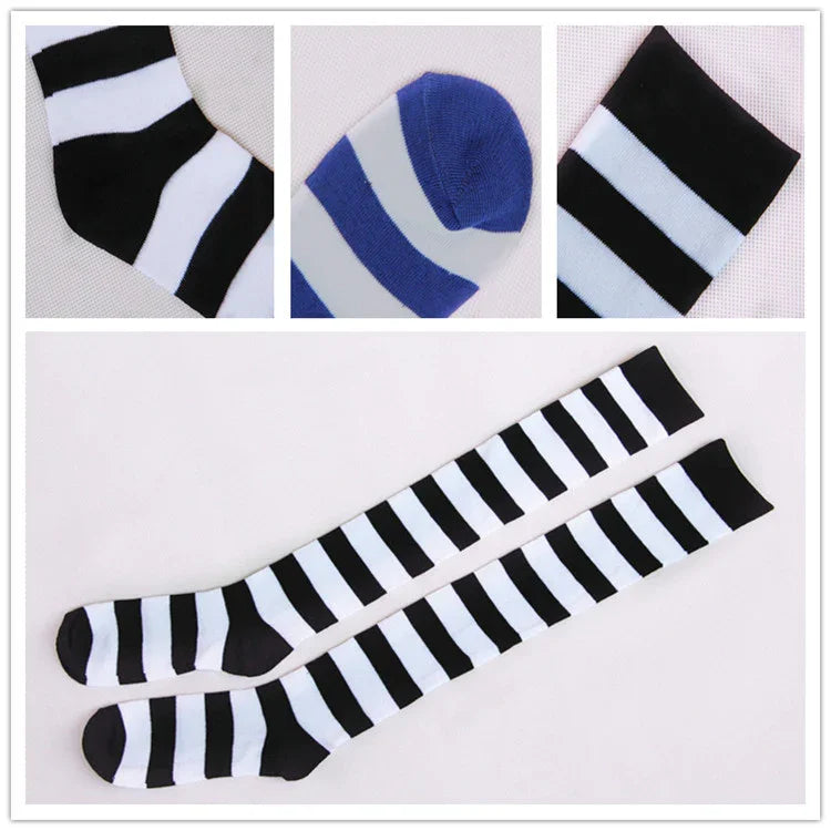 Black and white striped knee-high socks with close-up views of toe and cuff details, plus blue and white sock detail