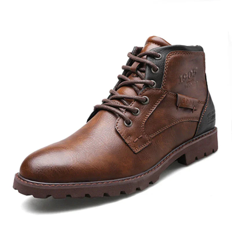 Brown leather men's lace-up boot with rugged sole and embossed 1905 design