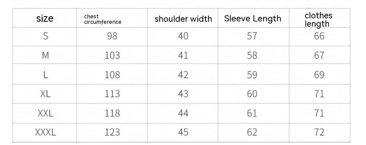 Clothing size chart showing chest circumference, shoulder width, sleeve length, and clothes length for sizes S to XXXL