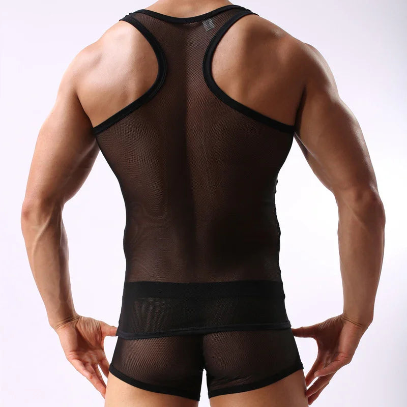 Muscular man wearing black sheer mesh tank top and matching shorts, back view